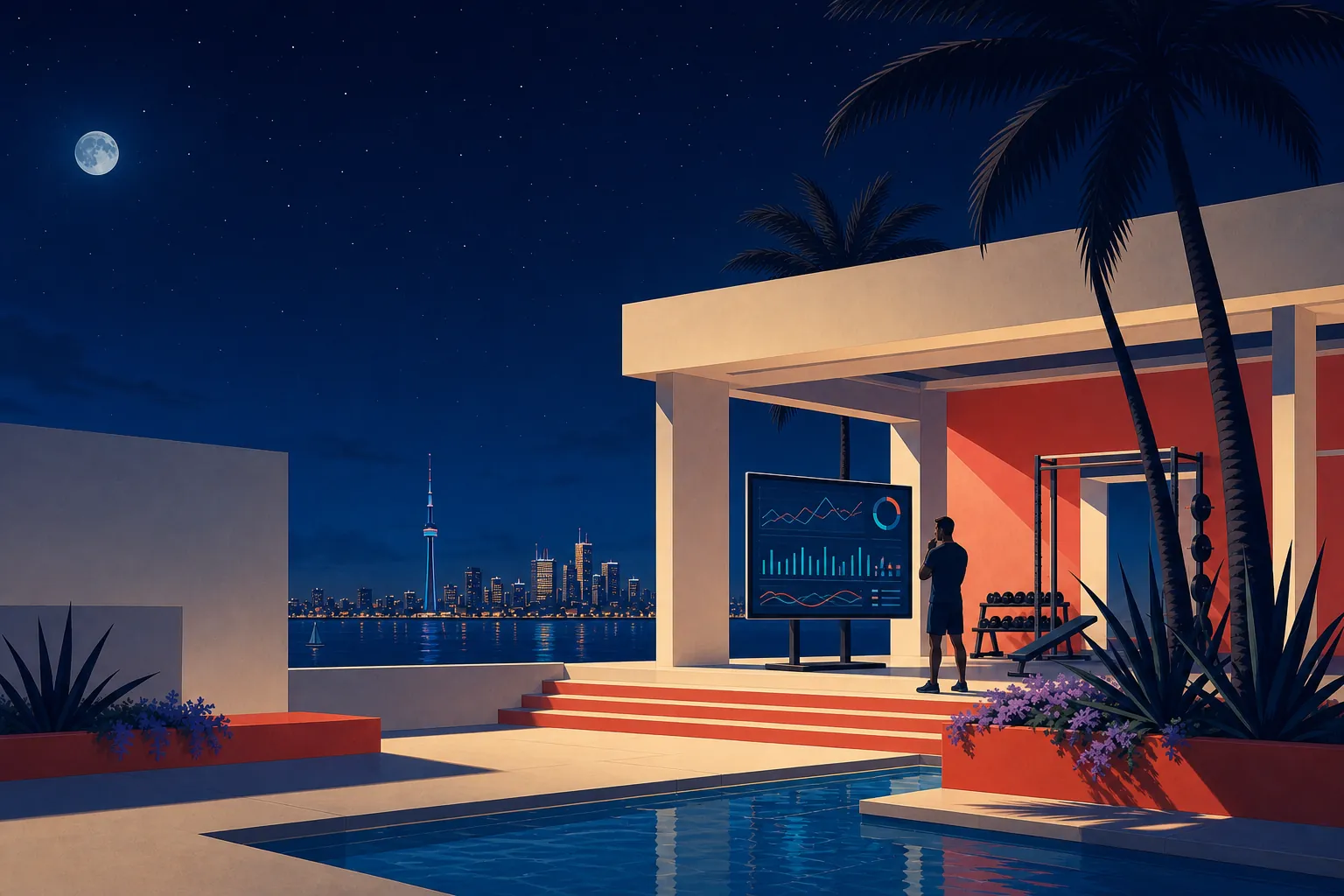 Illustration of a dark waterfront training pavilion at night, a data dashboard glowing on a screen under the pergola