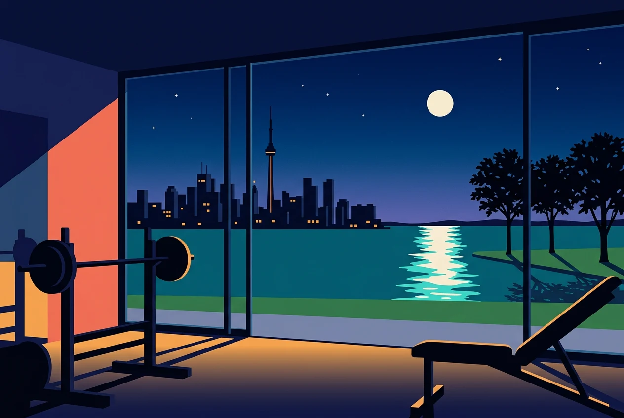 Nighttime illustration looking out from a home gym across the lake to the Toronto skyline, moonlight on the water